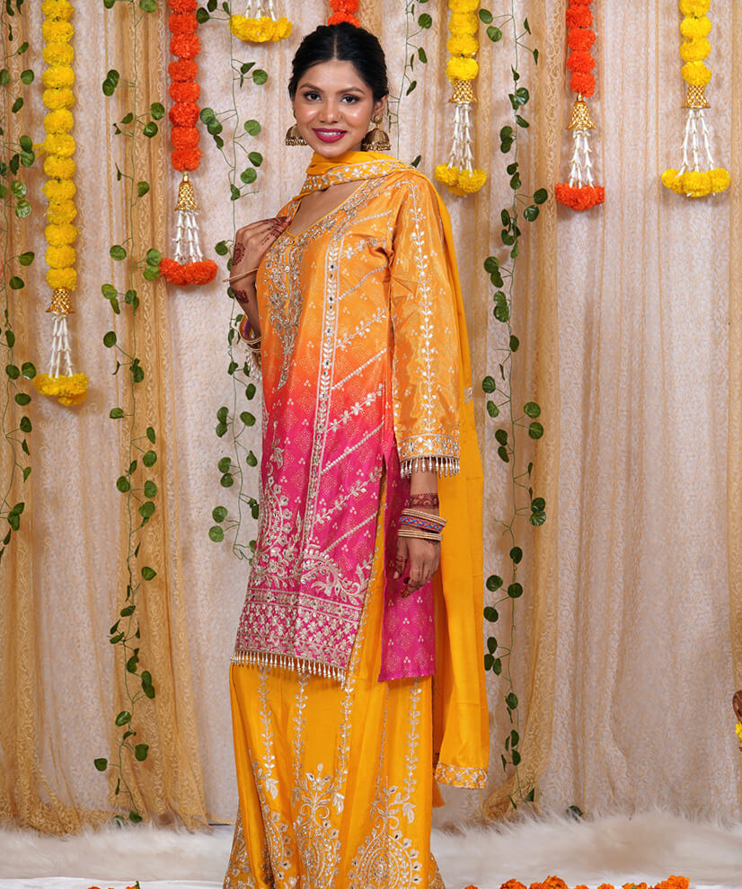 Sunshine Splendor: Yellow Kurta Set with Multicolored Embroidered Skirt & Dupatta - Image 3