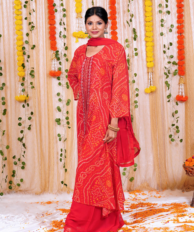 Vibrant Vermillion Georgette Bandhani-Inspired Kurta Set with Embellished Detail - Image 2