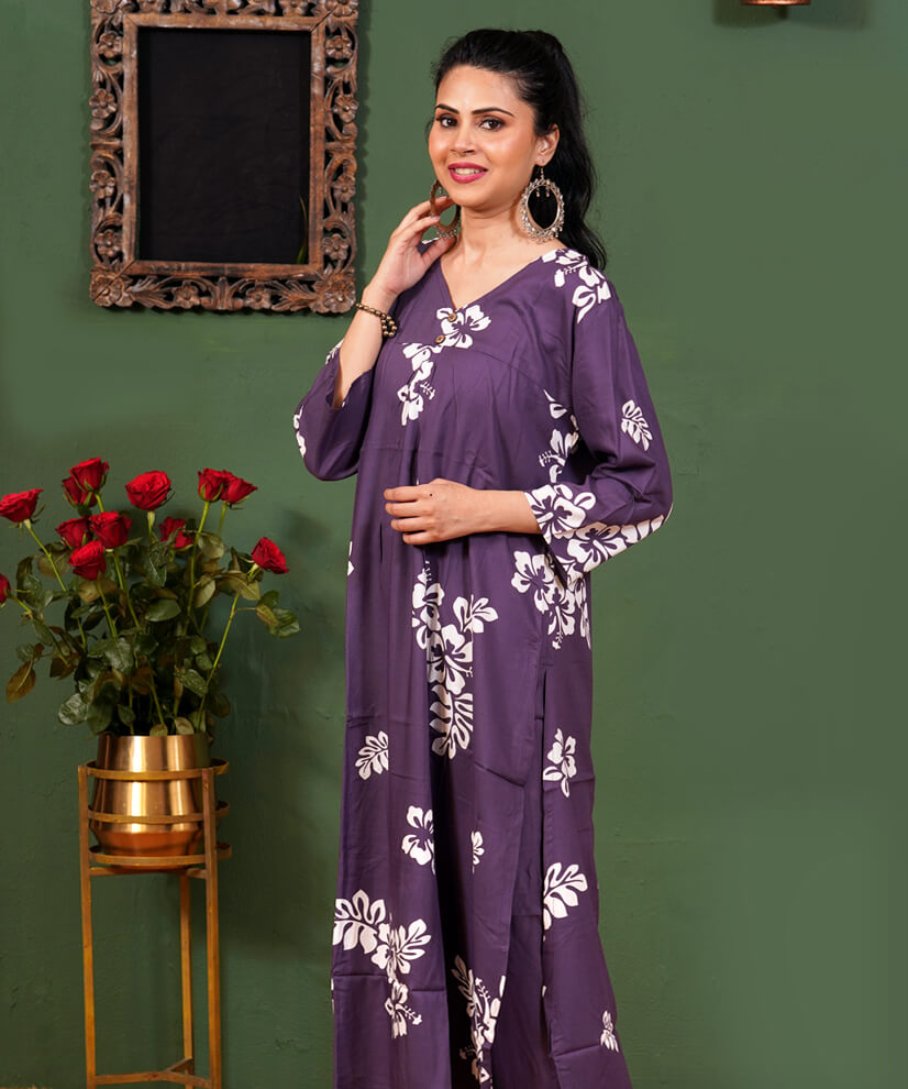 Plum Purple Floral Printed Co-ord Set in Rayon - Image 4