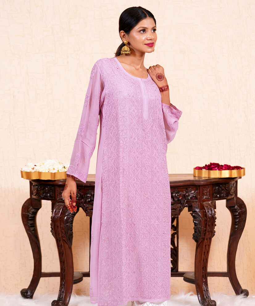 Soft Lavender Georgette Chikankari Kurti - Image 5