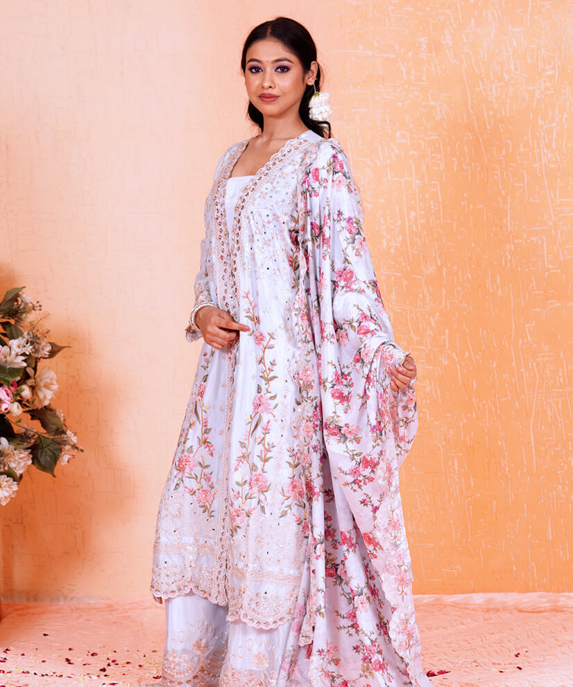 Powder Blue Embroidered Kurta Set with Floral Printed Dupatta - Image 3