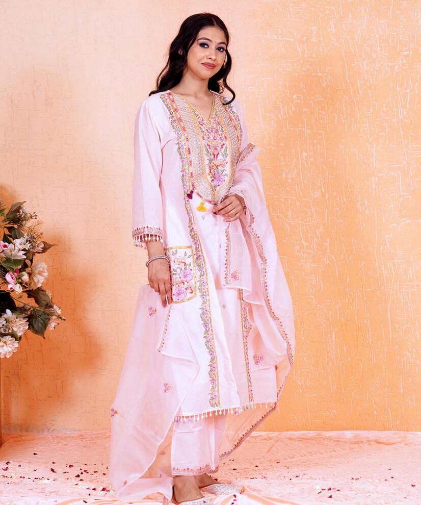 Blush Pink Thread & Mirror Work Cotton Suit Set with Organza Dupatta - Image 4
