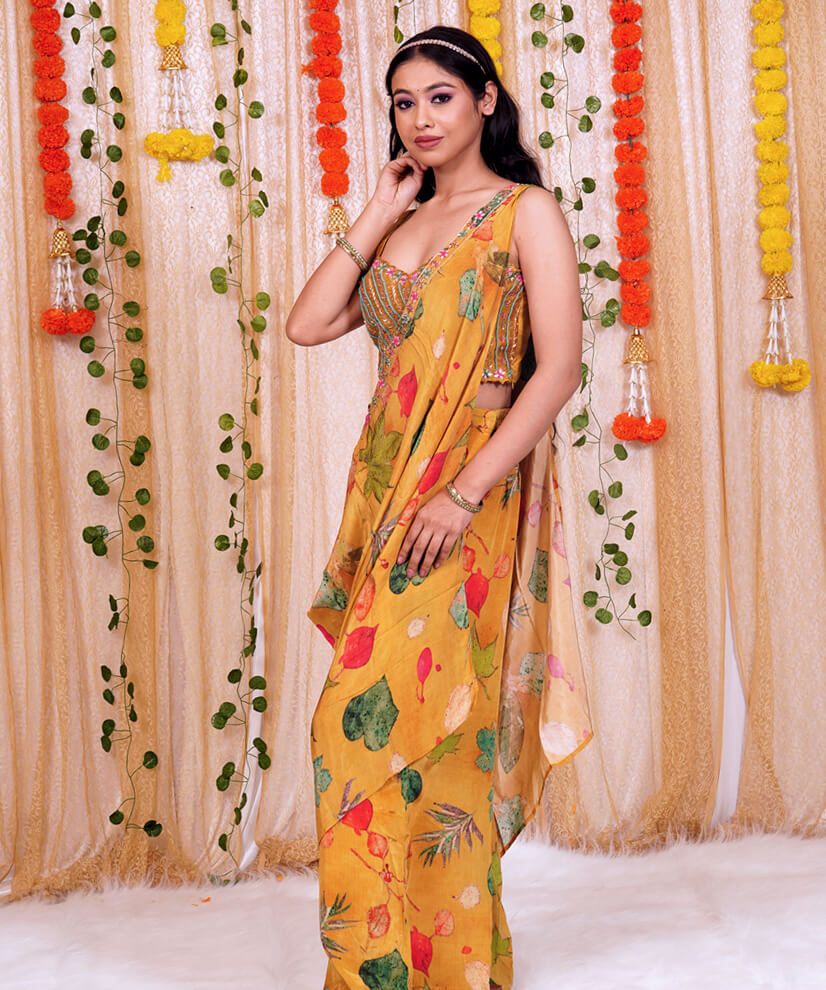 Mustard Floral Half Saree with Hand-Embellished Crop Top - Image 3