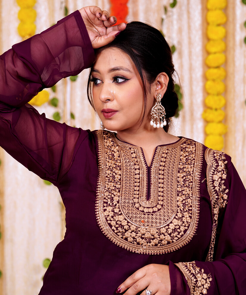 Royal Plum Chinon Sharara Set with Gold Embroidery - Image 5