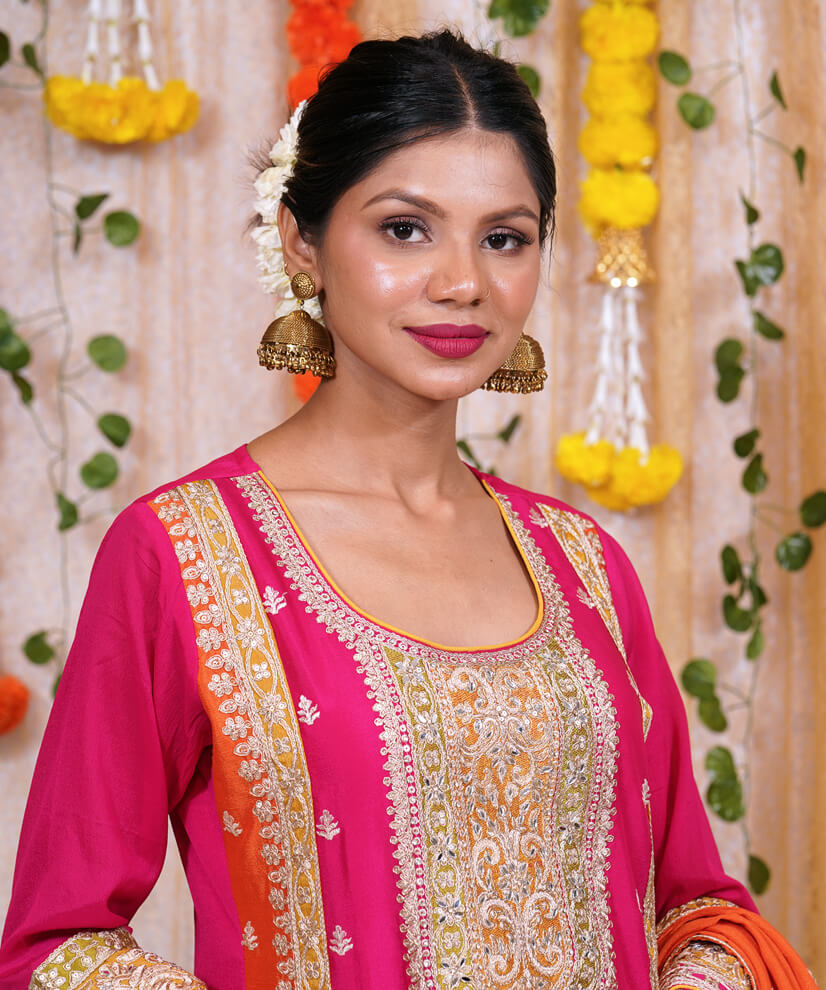 Fuchsia Pink Chinon Embroidered Sharara Set with Orange Dupatta - Image 5