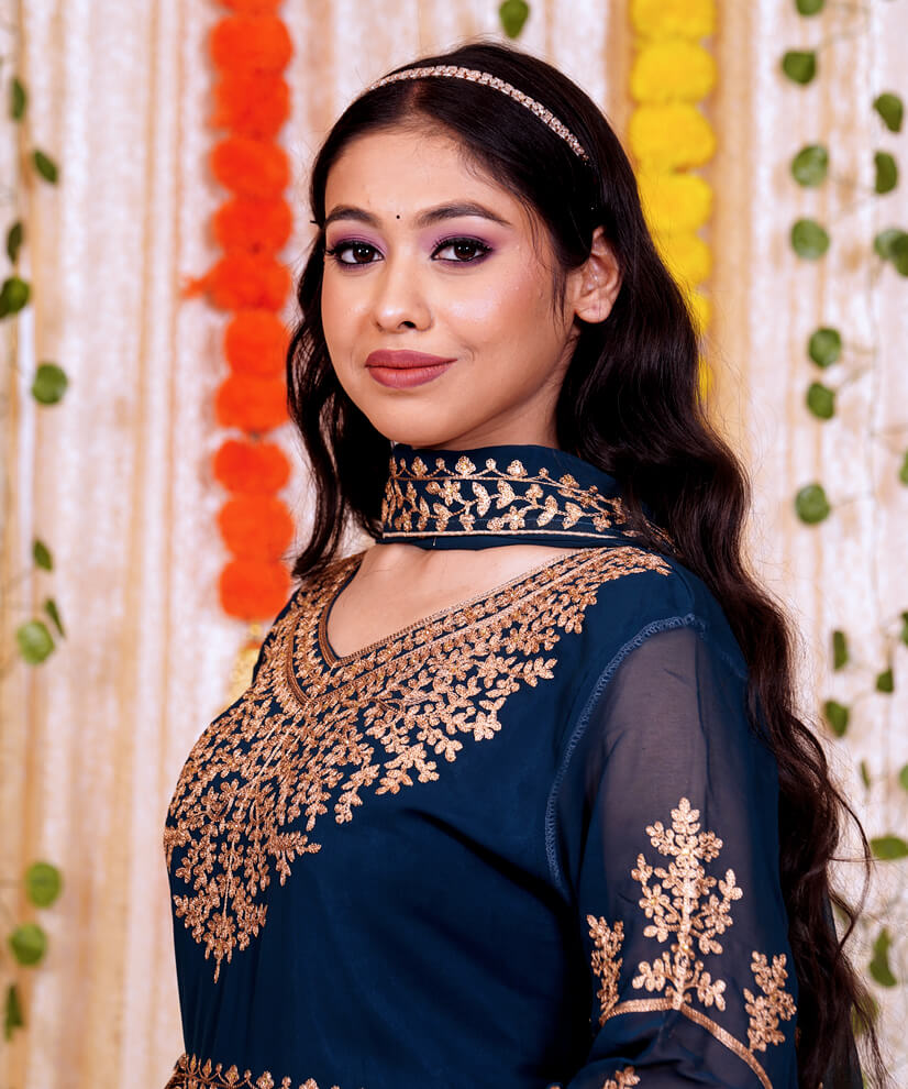 Midnight Blue Georgette Front-Slit Anarkali Set with Golden Embroidery - Image 5