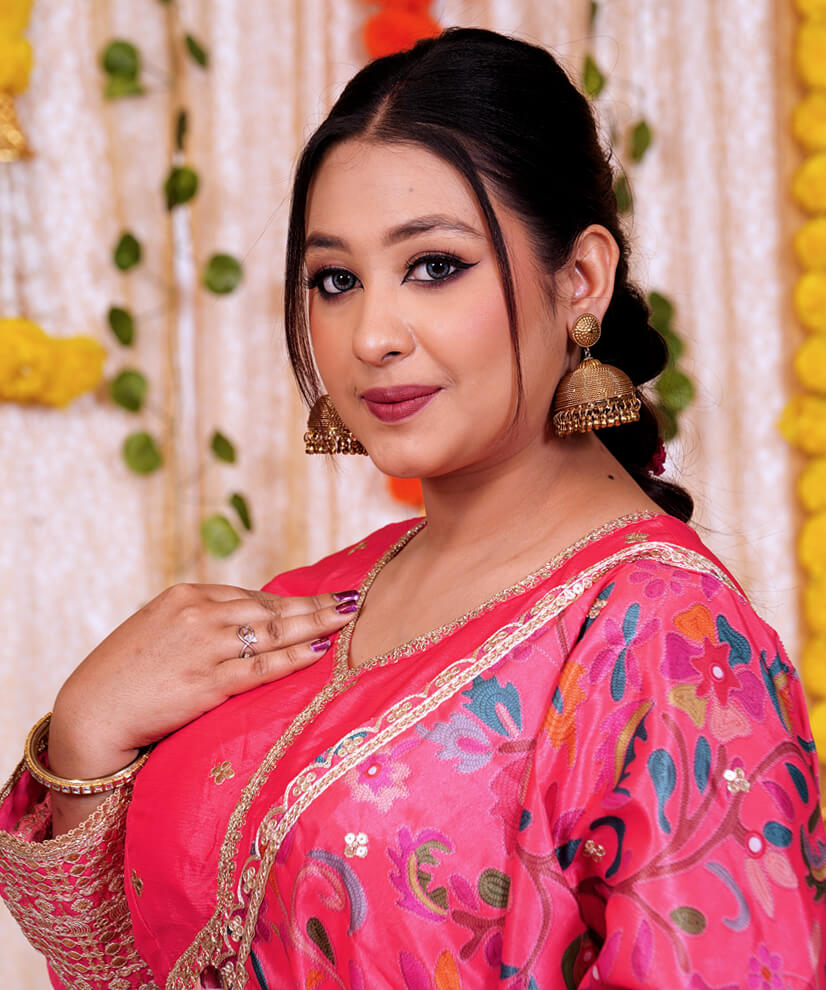 Coral Pink Chinon Silk Anarkali Set with Embroidered Hem & Floral Dupatta - Image 5