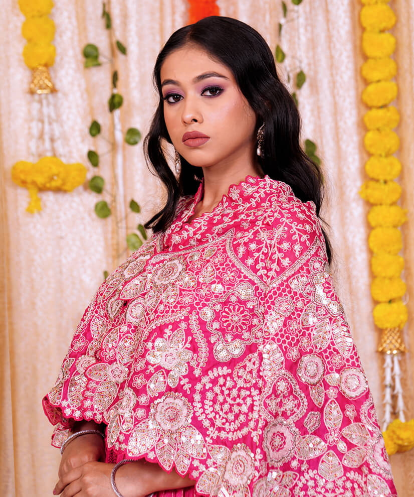 Hot Pink Embroidered Chinon Crop Top & Skirt Set with Cape Jacket - Image 6