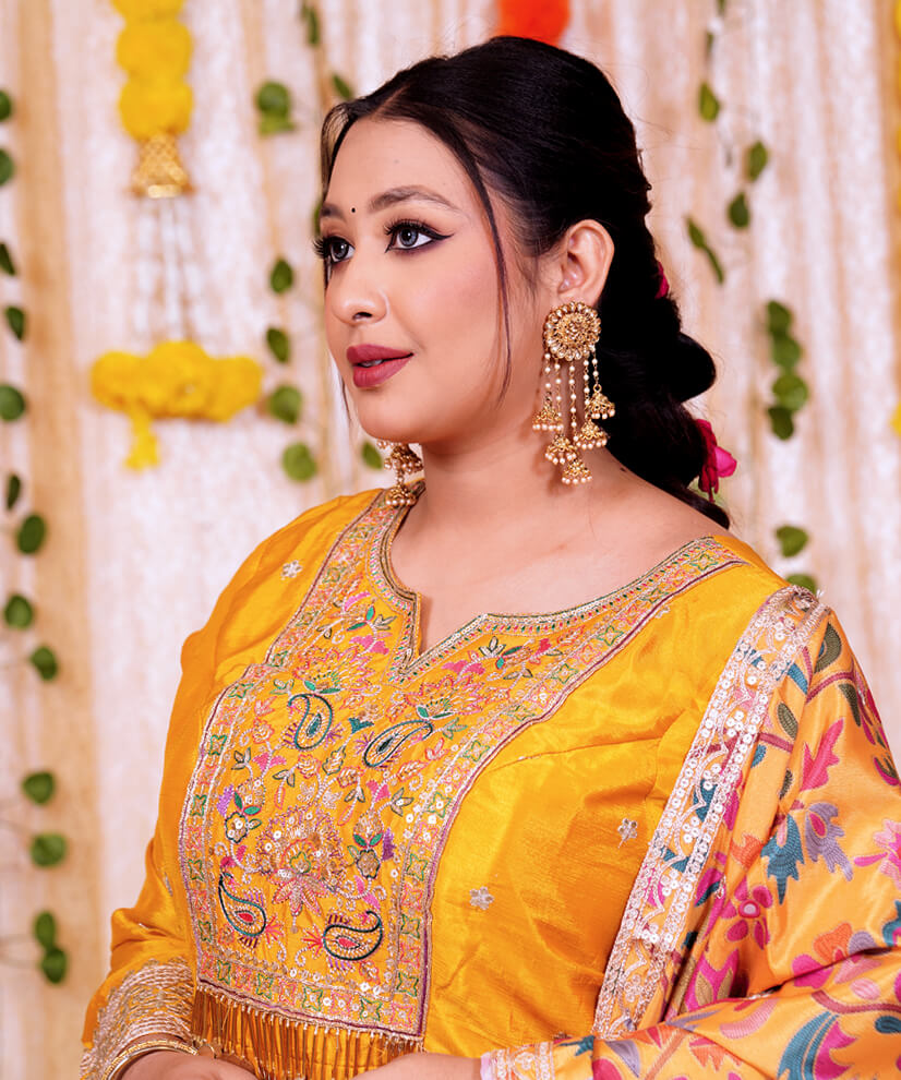 Marigold Yellow Embroidered Anarkali with Vibrant Floral Dupatta - Image 4