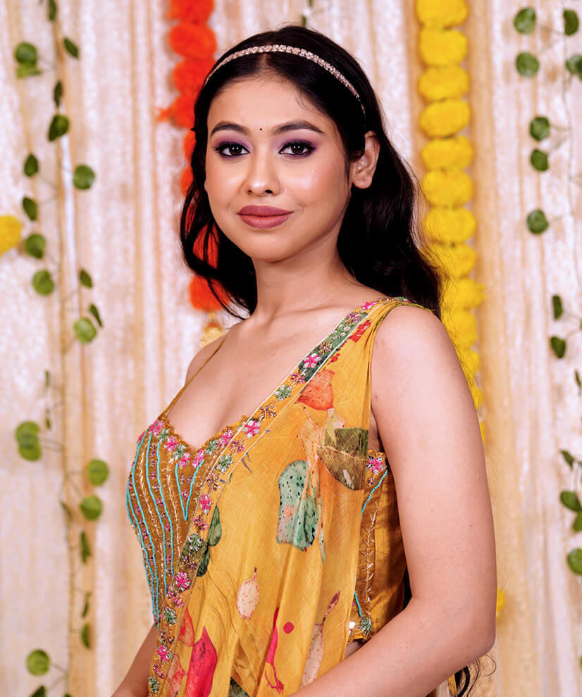 Mustard Floral Half Saree with Hand-Embellished Crop Top - Image 5