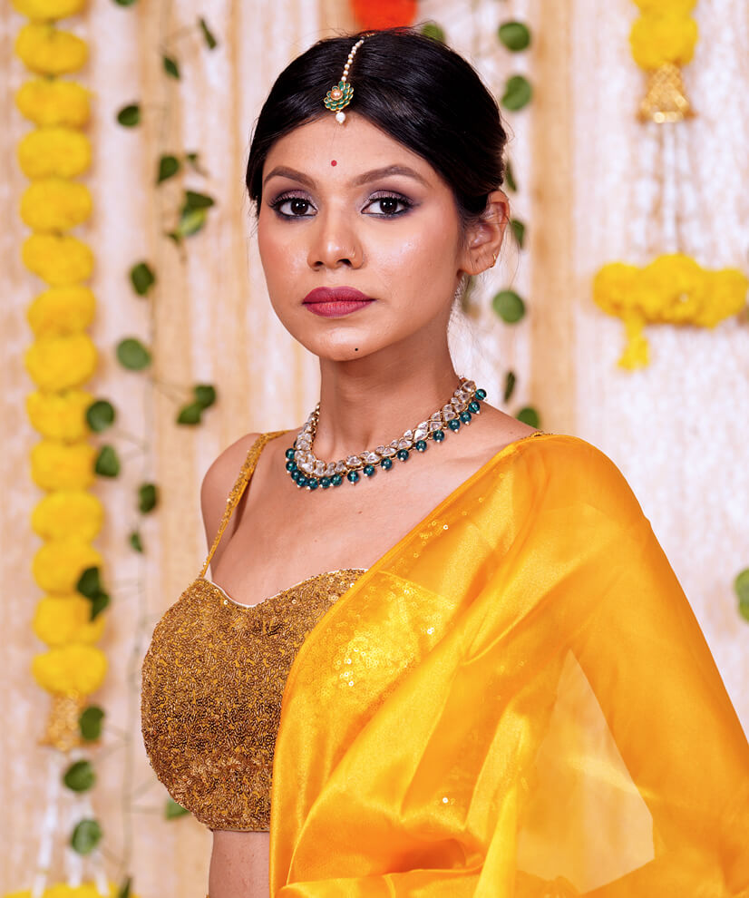 Marigold Yellow Pre-Draped Organza Ruffle Saree with Sequinned Blouse & Belt - Image 5