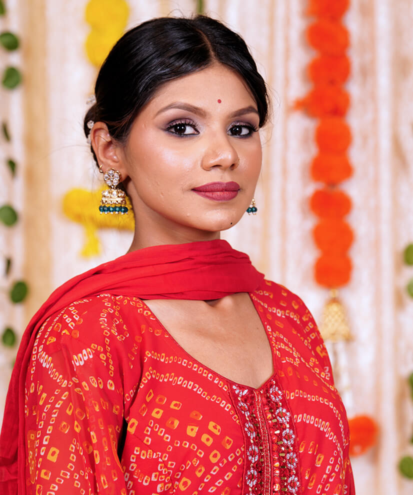 Vibrant Vermillion Georgette Bandhani-Inspired Kurta Set with Embellished Detail - Image 4