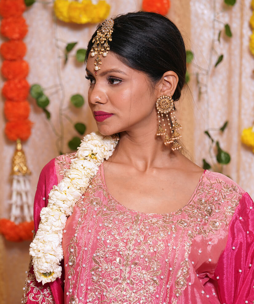 Regal Pink Omre Bridal Sharara Set – Embroidered Georgette with Pearl Accents - Image 5