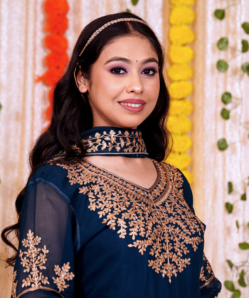 Midnight Blue Georgette Front-Slit Anarkali Set with Golden Embroidery - Image 4