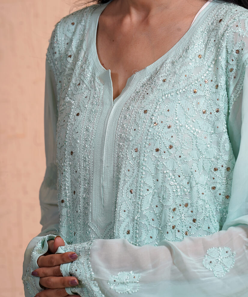 Icy Blue Hand-Embroidered Chikankari Kurti with Mukesh Work - Image 4