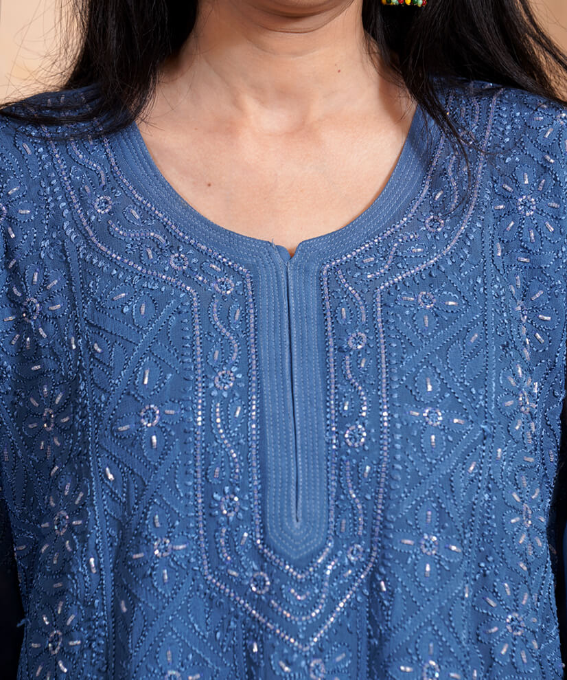 Midnight Blue Georgette Chikankari Kurti – Elegance with Sparkling Katdana - Image 3