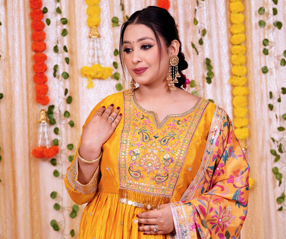 Marigold Yellow Embroidered Anarkali with Vibrant Floral Dupatta - Image 5