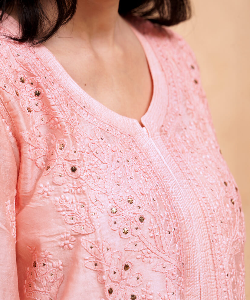 Blush Peach Hand-Embroidered Chikankari Kurta Set with Mukesh Work - Image 5