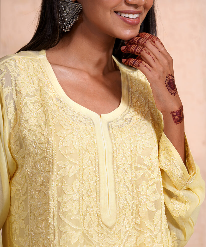 Sun-Kissed Yellow Hand-Embroidered Chikankari Kurti - Image 3
