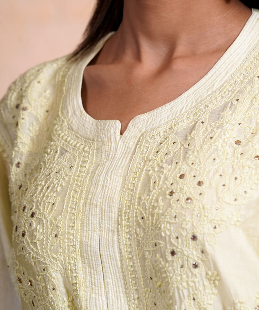 Lime Green Mulmul Chikankari Kurta Set with Mukesh Work – Ethereal Elegance - Image 5